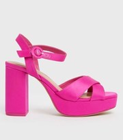 New Look Bright Pink Satin Block Heel Platform Sandals